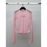 chanel logo embroidery top pink 2023