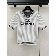 CHANEL white striped T-shirt 2024 SPRING