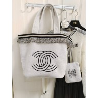 Chanel Towel Cloth Beach Tote Bag with Fringe white 2024