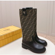Fendi Black leather and brown FF fabric boots 2024