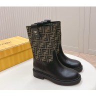 Fendi Black leather and brown FF fabric mid boots 2024