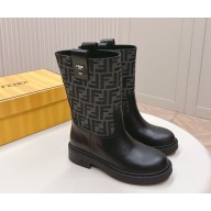 Fendi Black leather and grey FF fabric mid boots 2024