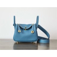 Hermes Mini Lindy 19cm Bag in original  taurillon clemence leather Blue Jean with gold hardware(handmade)