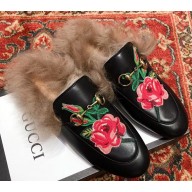 Gucci Princetown Leather Fur Slipper Black Flowers
