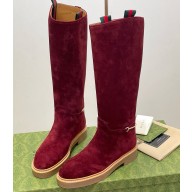 Gucci Women's slim Horsebit boot suede leather burgundy 1125-2024