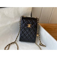 chanel sheepskin phone holder with Chain black