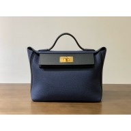 HERMES 24/24 MINI KELLY BAG IN evercolor/swift LEATHER bleu sapphire/noir with gold hardware(full handmade)