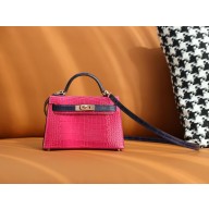 hermes Crocodylus acutus leather mini kelly II bag rose scheherazade/bleu encre
