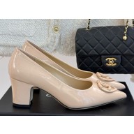 Chanel patent calfskin pumps with cc logo beige heel 5cm 2025