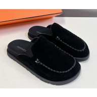 Hermes women/men Johan suede leather mules black 2024