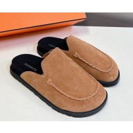 Hermes women/men Johan suede leather mules brown 2024