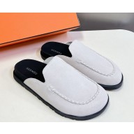 Hermes women/men Johan suede leather mules white 2024