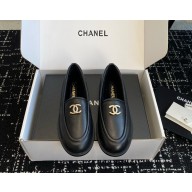 Chanel women's Calfskin  with shearling Loafers in black 2024
