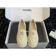 Chanel women's suede leather  with shearling Loafers in white 2024