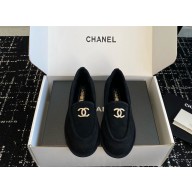 Chanel women's suede leather  with shearling Loafers in black 2024