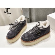 Prada Women's Natural Suede Mid-Top lace-up shearling Sneakers in grey 2024