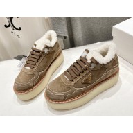 Prada Women's Natural Suede Mid-Top lace-up shearling Sneakers in brown 2024