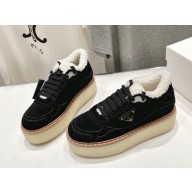 Prada Women's Natural Suede Mid-Top lace-up shearling Sneakers in black 2024