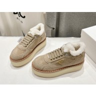 Prada Women's Natural Suede Mid-Top lace-up shearling Sneakers in beige 2024