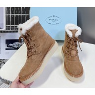 Prada Women's lace-up shearling Suede leather ankle boots in brown 2024