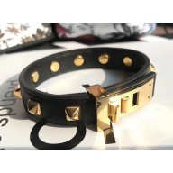 Hermes Studs Leather Bracelet with Gold Buckle Black 2018