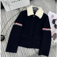 Celine Bell shearling and grosgrain-trimmed wool and cashmere-blend jacket blue 1101-2024