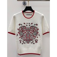 Dior Knitted Embroidered Sweater white with Red Le Cœur des Papillons Motif T-shirt 2024 1101-2024