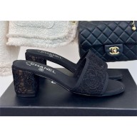 CHANEL heel 6.5cm lace mules black 2024