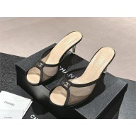 CHANEL heel 7.5cm mesh mules black canvas 2024