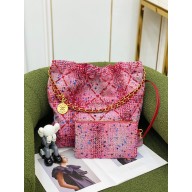 CHANEL Pink, Burgundy & Multicolor Tweed & Gold-Tone Metal 22 HANDBAG AS3261 2022