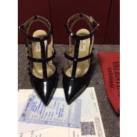 VALENTINO ROCKSTUD ANKLE STRAP PATENT PUMP 9.5CM All black