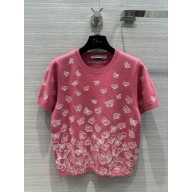 dior pink Wool and Cashmere Knit with Gradient Butterflies Motif Short-Sleeved Sweater 2024 