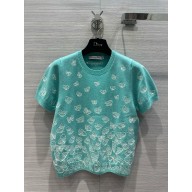 dior green Wool and Cashmere Knit with Gradient Butterflies Motif Short-Sleeved Sweater 2024 