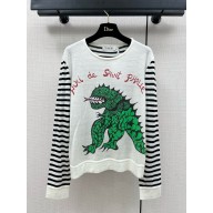 Dior Navy Blue and White Linen, Cashmere and Silk Knit with Green Dragon Motif Marinière Sweater 2024 