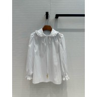 celine blouse with frilled claudine collar in striped silk CRAIE/BLEU 2024