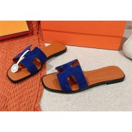 Hermes Oran flat Sandals in SUEDE LEATHER BLUE/BROWN 2025