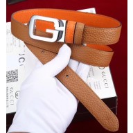 Gucci Grained Calfkin Square Buckle Double Belt Brow/Orange 2018