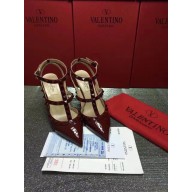 VALENTINO ROCKSTUD ANKLE STRAP PATENT PUMP 9.5CM dark red