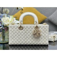 DIOR Medium Lady D-Joy Bag IN Latte Calfskin Embroidered with Resin Pearl Cannage Motif 2024