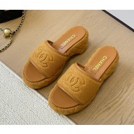 Chanel platform kint slippers with CC logo brown 2024 