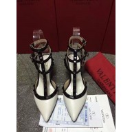 VALENTINO ROCKSTUD ANKLE STRAP SHEEPSKIN PUMP 6.5CM WHITE BLACK