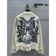 dior White Wool, Cotton and Alpaca Technical Knit with Pastel Midnight Blue Butterfly Around The World Motif Embroidered Jacket 2024 