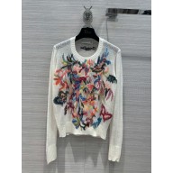 dior White Technical Mohair and Alpaca Knit with Multicolor Toile de Jouy Fantastica Motif Embroidered Sweater 2024 