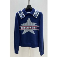 DiorAlps Mock Neck Sweater blue Virgin Wool and Cashmere Knit with White Dior Star Motif 1101-2024 