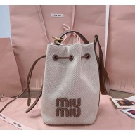 Miu Miu canvas and leather bucket bag 5BE090 beige/brandy 2024