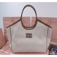 Miu Miu canvas and leather tote bag 5BG276 beige/brandy 2024