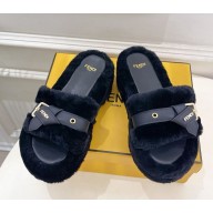 FENDI platform 6cm Shearling Mules with buckle black 1114-2024