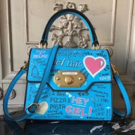 Dolce & Gabbana Calf Leather Welcome Handbag With Graffiti Print Blue 2018