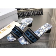 Dior Pastel Midnight Blue Multicolor Embroidered Cotton with Toile de Jouy Mexico Motif Dway heeled Slide 2024