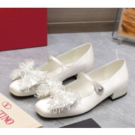 VALENTINO GARAVANI BOWJANE MARY-JANE SATIN BALLERINA WITH FRINGED EMBROIDERY white 2024